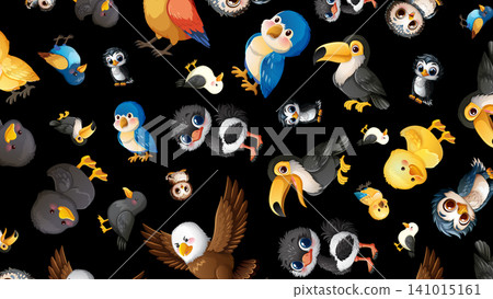 Seamless Pattern of Cute Cartoon Birds on a Black Background 141015161