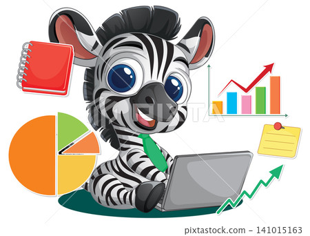 Cartoon Zebra Business Character Working on Laptop with Financial Charts Cartoon Zebra Business Character Working on Laptop with Financial Charts 141015163