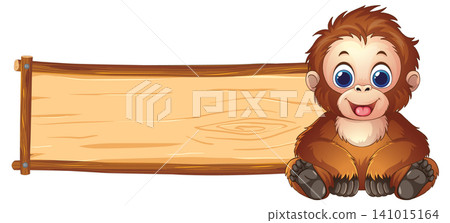 Cartoon Orangutan Sitting Next to a Blank Wooden Sign Cartoon Orangutan Sitting Next to a Blank Wooden Sign 141015164
