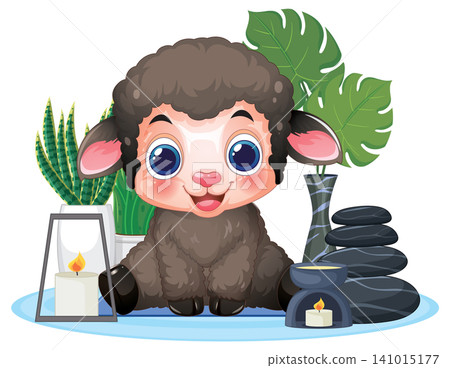 Cute Cartoon Black Sheep Sitting in a Relaxing Spa Setting Cute Cartoon Black Sheep Sitting in a Relaxing Spa Setting 141015177