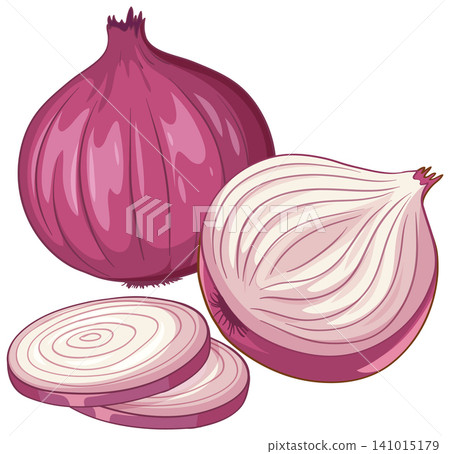 Vector Illustration of Whole and Sliced Red Onion Bulbs Vector Illustration of Whole and Sliced Red Onion Bulbs 141015179