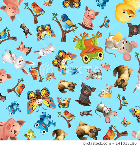 Seamless Vector Pattern with Cute Cartoon Farm and Wildlife Animals Seamless Vector Pattern with Cute Cartoon Farm and Wildlife Animals 141015186
