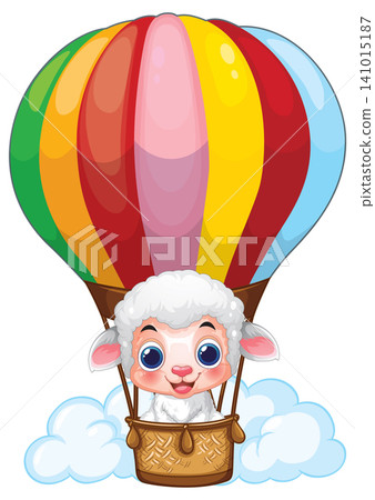 Cartoon Sheep Flying in a Colorful Hot Air Balloon 141015187