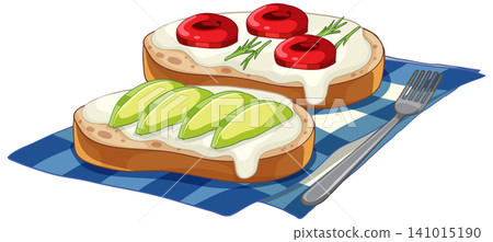 Vector Illustration of Avocado and Tomato Toasts on a Blue Napkin Vector Illustration of Avocado and Tomato Toasts on a Blue Napkin 141015190