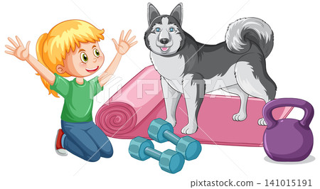 Young Girl and Siberian Husky with Fitness Equipment Vector Illustration Young Girl and Siberian Husky with Fitness Equipment Vector Illustration 141015191