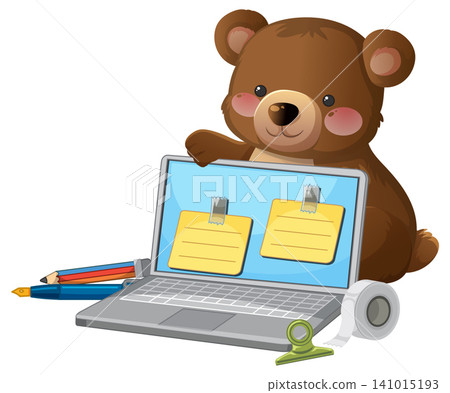 Cute Brown Bear Character Using Laptop with Office Supplies Illustration 141015193
