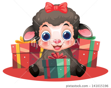 Cute Cartoon Black Lamb Sitting with Colorful Gift Boxes and Red Bow Cute Cartoon Black Lamb Sitting with Colorful Gift Boxes and Red Bow 141015196