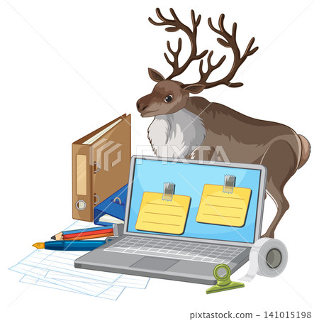 Vector Illustration of a Reindeer Standing Behind a Laptop and Office Supplies Vector Illustration of a Reindeer Standing Behind a Laptop and Office Supplies 141015198
