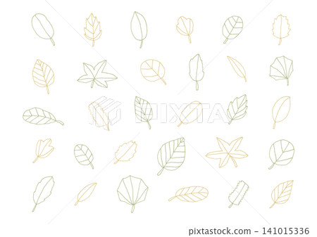 A set of simple, hand-drawn line art illustrations of leaves in various shapes (yellow and green). 141015336
