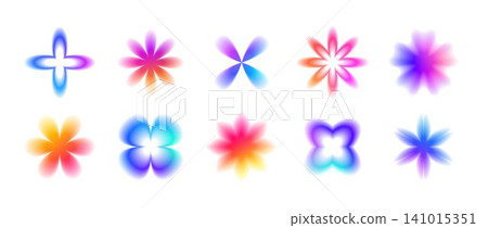 Blurry rainbow gradient flower pack. Smooth iridescent blurred blossom shapes collection. Abstract fading bloom elements for sticker, poster, badge, collage. Vector bright gradation floral aura set Blurry rainbow gradient flower pack. Smooth iridescent blurred blossom shapes collection. Abstract fading bloom elements for sticker, poster, badge, collage. Vector bright gradation floral aura set 141015351