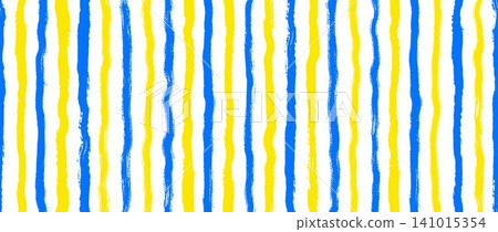 Mediterranean theme vertical stripe seamless pattern. Repeating yellow and blue lined background. Summer vacation styled print for poster, fabric, textile, wrapping paper. Vector Amalfi vibe backdrop 141015354