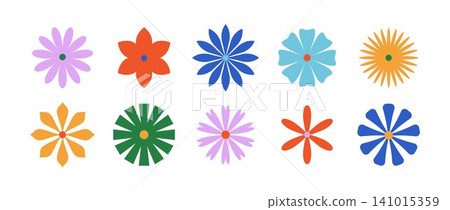 Retro color flower shape set. Cute blossom symbol pack. Abstract bloom element collection for sticker, poster, banner, decoration. Vintage groovy style chamomile or daisy design. Vector illustration Retro color flower shape set. Cute blossom symbol pack. Abstract bloom element collection for sticker, poster, banner, decoration. Vintage groovy style chamomile or daisy design. Vector illustration 141015359
