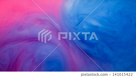 Fume explosion. Steam flow. Blue pink shimmering mist emulsion paint stream hypnotic blend. Dissolve pigment fluid abstract color background. 141015422