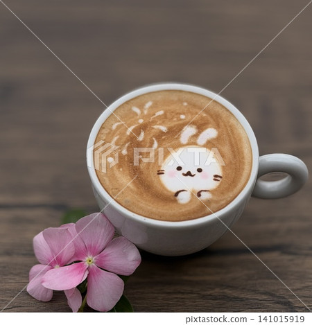 Wood grain and pink flowers, cute rabbit latte art Wood grain and pink flowers, cute rabbit latte art 141015919