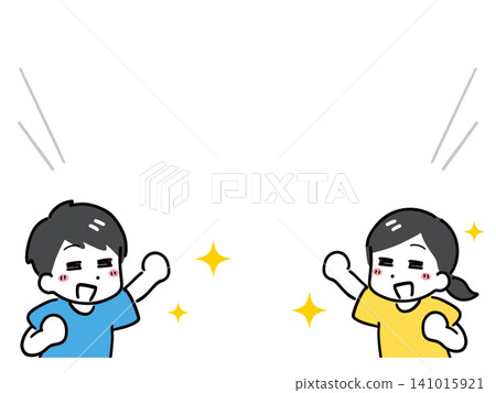 A young man and woman in casual clothes looking happy, with a simple line speech bubble. A young man and woman in casual clothes looking happy, with a simple line speech bubble. 141015921