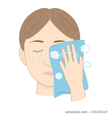 A woman warms her face with a warm towel: Facial muscle massage and self-care steps. A woman warms her face with a warm towel: Facial muscle massage and self-care steps. 141016124