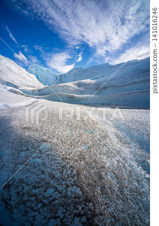 Perito Moreno glaciers ice valley, blue sky above white glacier slopes 141016246