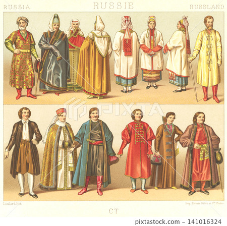 Illustrations of traditional Russian folk costumes from the early modern period. Illustrations of traditional Russian folk costumes from the early modern period. 141016324