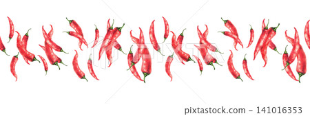 Chili peppers seamless border. Hand drawn realistic watercolor illustration. Red hot pods dynamic pattern isolated on white background. Spicy food pattern for packaging, sauce, menu, Asian recipes. 141016353