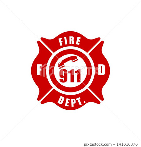 Red and white fire department logo on a white background, suitable for emergency services, marketing and advertising materials. Red and white fire department logo on a white background, suitable for emergency services, marketing and advertising materials. 141016370