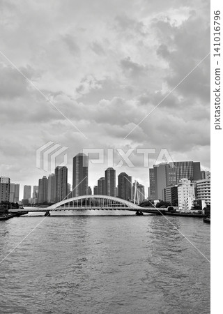從隅田川大橋眺望陰沉的傍晚景色；越過永泰橋，可以看到佃島上成片的高層公寓大樓；單色。 141016796