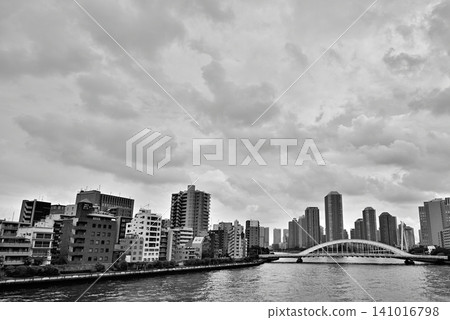 從隅田川大橋眺望陰沉的傍晚景色；越過永泰橋，可以看到佃島上成片的高層公寓大樓；單色。 141016798