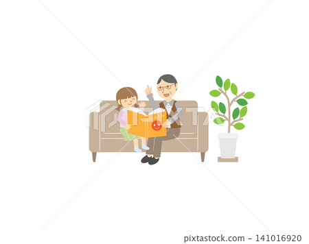 A grandfather and a little girl reading a picture book on the sofa | A heartwarming illustration of a grandfather and granddaughter reading together. A grandfather and a little girl reading a picture book on the sofa | A heartwarming illustration of a grandfather and granddaughter reading together. 141016920