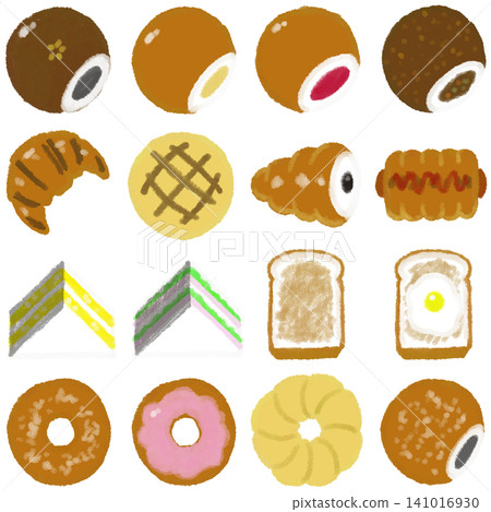 A set of 16 crayon-drawn icon-style breads. A set of 16 crayon-drawn icon-style breads. 141016930