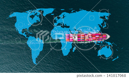 Aerial view container cargo ship with world map network, Container cargo ship in import export logistic freight shipping, Business logistics transportation international by container cargo ship. 141017068