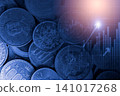 Business man on digital stock market financial indicator background. Digital business and stock market financial indicator on LED. Double exposure of business man and digital stock market financial. 141017268