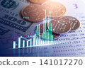 Business man on digital stock market financial indicator background. Digital business and stock market financial indicator on LED. Double exposure of business man and digital stock market financial. 141017270