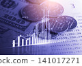 Business man on digital stock market financial indicator background. Digital business and stock market financial indicator on LED. Double exposure of business man and digital stock market financial. 141017271