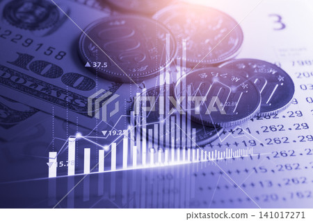 Business man on digital stock market financial indicator background. Digital business and stock market financial indicator on LED. Double exposure of business man and digital stock market financial. 141017271