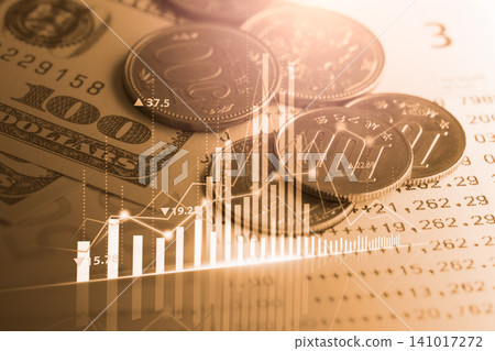 Business man on digital stock market financial indicator background. Digital business and stock market financial indicator on LED. Double exposure of business man and digital stock market financial. 141017272