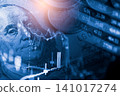 Business man on digital stock market financial indicator background. Digital business and stock market financial indicator on LED. Double exposure of business man and digital stock market financial. 141017274