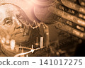 Business man on digital stock market financial indicator background. Digital business and stock market financial indicator on LED. Double exposure of business man and digital stock market financial. 141017275