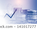 Business man on digital stock market financial indicator background. Digital business and stock market financial indicator on LED. Double exposure of business man and digital stock market financial. 141017277