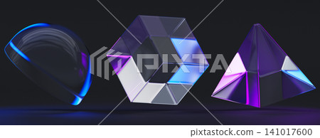 Neon glass 3D cube, pyramid and hemisphere render icon set. Holographic transparent figures, crystal geometric shapes with purple blue gradient and light dispersion isolated on dark. 3D illustration Neon glass 3D cube, pyramid and hemisphere render icon set. Holographic transparent figures, crystal geometric shapes with purple blue gradient and light dispersion isolated on dark. 3D illustration 141017600