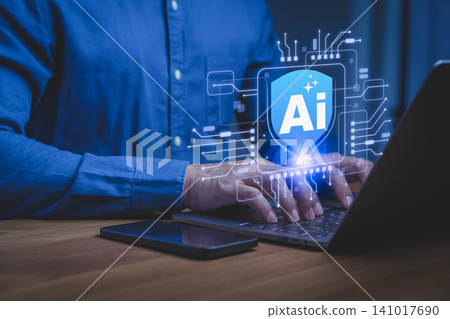 AI cybersecurity protection concept with secure digital network, artificial intelligence shield, data privacy, cyber defense and machine learning technology on laptop, highlighting online security and AI cybersecurity protection concept with secure digital network, artificial intelligence shield, data privacy, cyber defense and machine learning technology on laptop, highlighting online security and 141017690