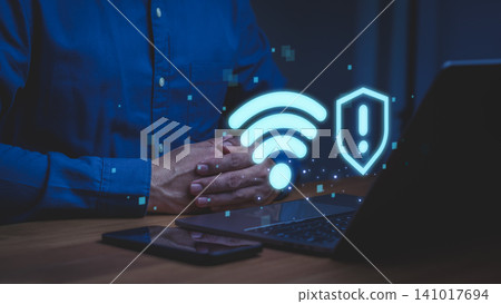 Wireless network security concept featuring protected WiFi connection, cybersecurity shield, data privacy, secure internet access and digital protection technology for safe communication and Wireless network security concept featuring protected WiFi connection, cybersecurity shield, data privacy, secure internet access and digital protection technology for safe communication and 141017694