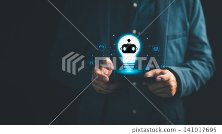 AI technology concept, digital robot assistant, light bulb and futuristic interface on smartphone s. Business innovation, artificial intelligence, smart solutions and ideas for digital transformation. 141017695