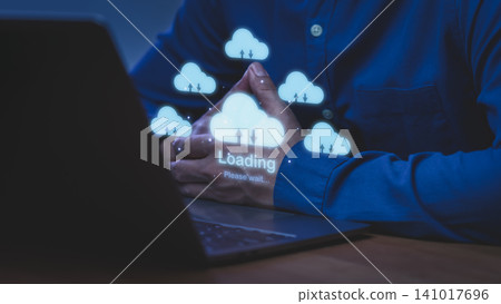 Cloud computing technology concept with digital cloud, data transfer and loading on laptop. Business solution for online storage, cybersecurity, remote work and digital transformation innovation. Cloud computing technology concept with digital cloud, data transfer and loading on laptop. Business solution for online storage, cybersecurity, remote work and digital transformation innovation. 141017696