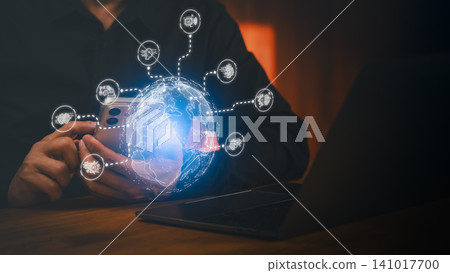 Man using smartphone with AI globe hologram. Global network, artificial intelligence, digital business technology, smart communication and future machine learning concept. Man using smartphone with AI globe hologram. Global network, artificial intelligence, digital business technology, smart communication and future machine learning concept. 141017700