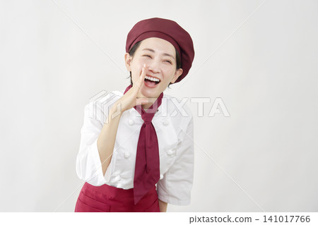 Female pastry chef calling out, white background, facing right. Female pastry chef calling out, white background, facing right. 141017766