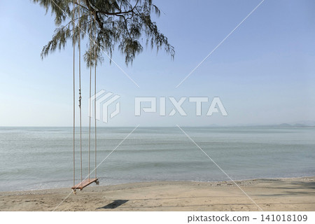 A wooden swing hanging under a pine tree on the beach by the sea. A wooden swing hanging under a pine tree on the beach by the sea. 141018109