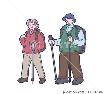 An illustration of a smiling senior couple enjoying the outdoors. An illustration of a smiling senior couple enjoying the outdoors. 141018302