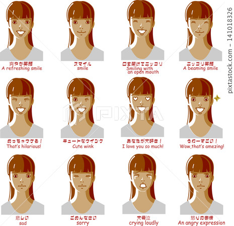 Female facial expression icon set (joy, anger, sadness, and happiness - 12 types in total) / Brown & simple design Female facial expression icon set (joy, anger, sadness, and happiness - 12 types in total) / Brown & simple design 141018326