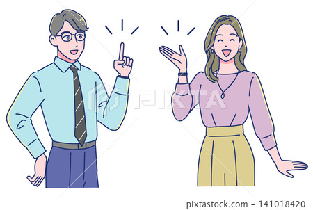 一名男同事和一名女同事面帶微笑地解釋。 一名男同事和一名女同事面帶微笑地解釋。 141018420