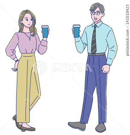 一對男女上班族面帶微笑,手裡拿著咖啡,正在聊天。 一對男女上班族面帶微笑,手裡拿著咖啡,正在聊天。 141018423