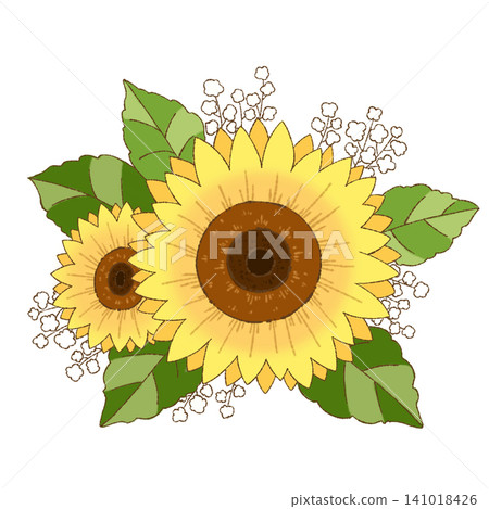 A small illustration of a sunflower flower and leaves (facing right). A small illustration of a sunflower flower and leaves (facing right). 141018426